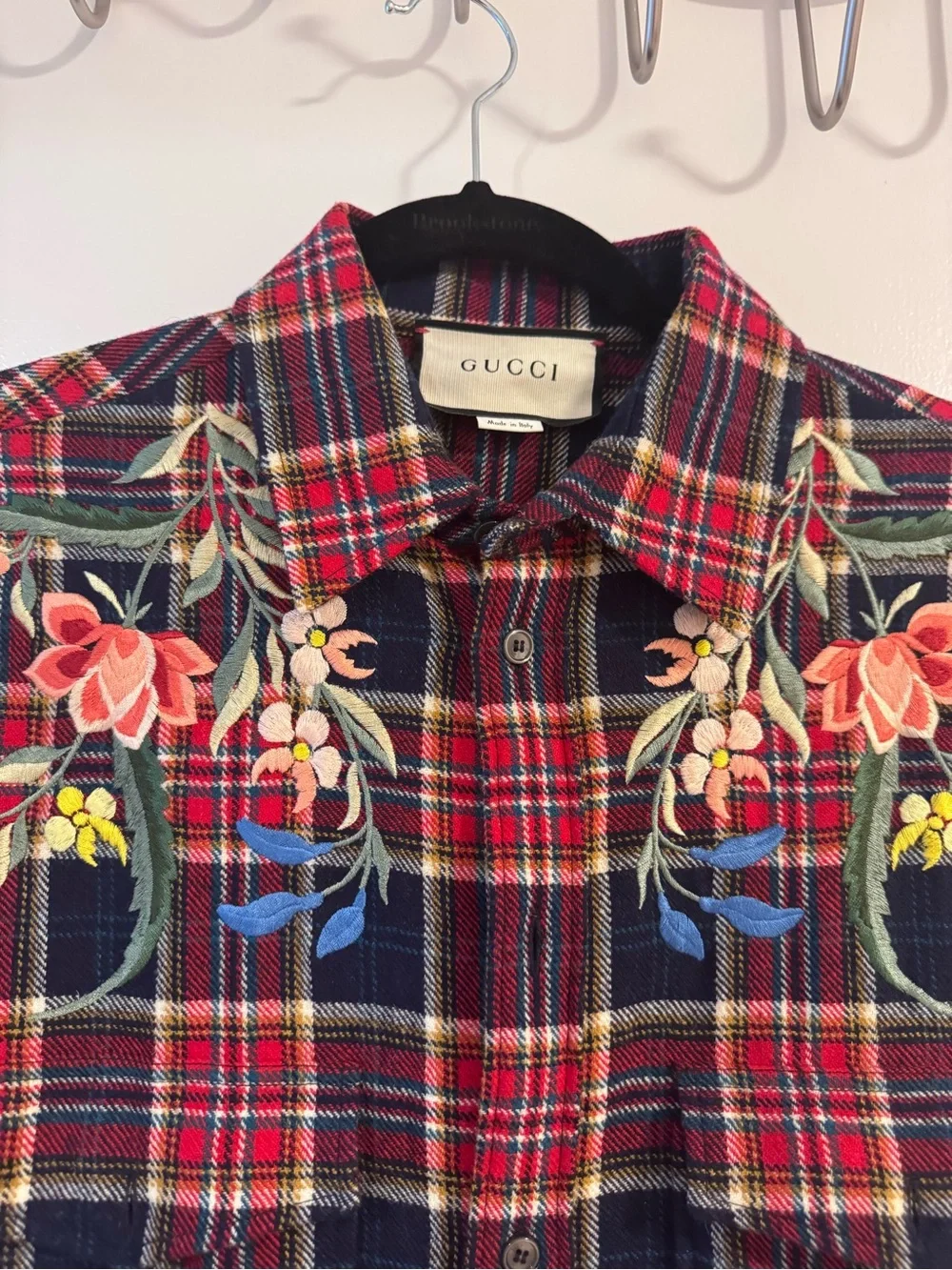 Gucci Red & Navy Plaid Embroidered Button-Down Shirt
